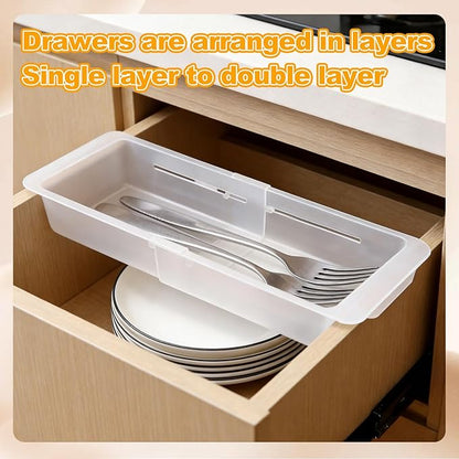 2 Pcs Deep Drawer Organizer Kitchen, Adjustable Sliding Drawer Organizer Bin, Transparent Expandable Drawer Organizer Trays Holder for Utensils Makeup Vanity Office, Expand 12" to 17"