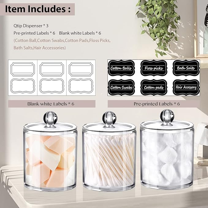 SheeChung 3-Pack Clear Acrylic Qtip Holder with Labels – Shatterproof Plastic Apothecary Jars for Bathroom Organization – Vanity Cotton Swab Holder Canisters for Cotton Balls,Pads,Floss Picks