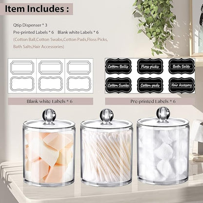 SheeChung 3-Pack Clear Acrylic Qtip Holder with Labels – Shatterproof Plastic Apothecary Jars for Bathroom Organization – Vanity Cotton Swab Holder Canisters for Cotton Balls,Pads,Floss Picks