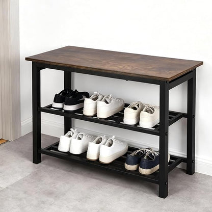 3-Tier Shoe Rack Bench, Shelf Storage Bench w/h Metal Shelves and Seat, Free Standing Shoe Organizer for Entryway, 11 x 27.2 x 17.2 Inches Shoe Bench, Brown & Black