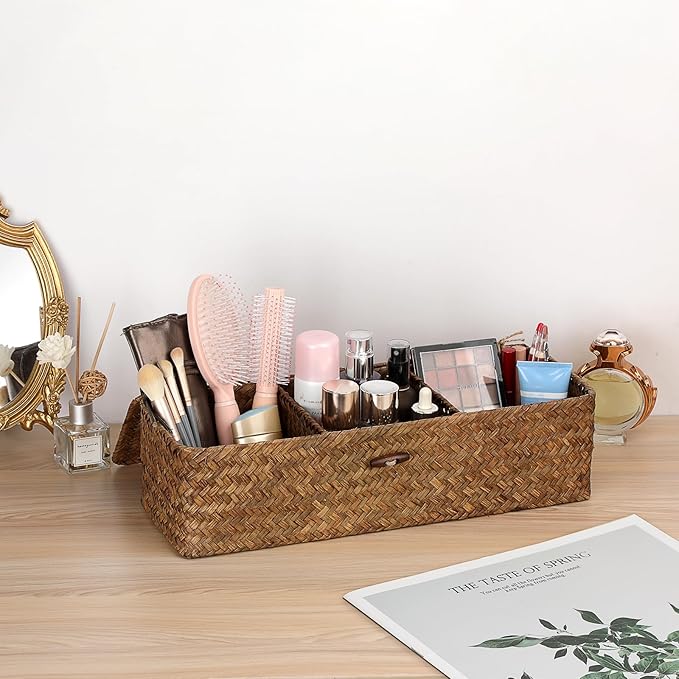 Hipiwe Handwoven Seagrass Storage Basket with Lid Rectangular Toilet Paper Holder 3 Sections Home Organizer Bin for Bathroom Shelf Kitchen