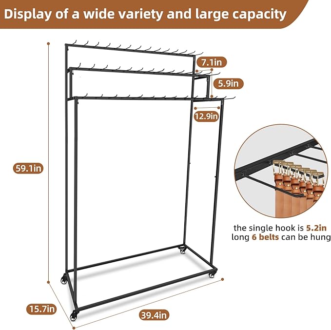 Belt Rack, 3-Tier Belt Organizer with 42 Hooks & Wheels, Tie Rack & Bag Rack for Retail Display, Multi-Layer Belt Hanger & Tie Hanger for Store (Black)