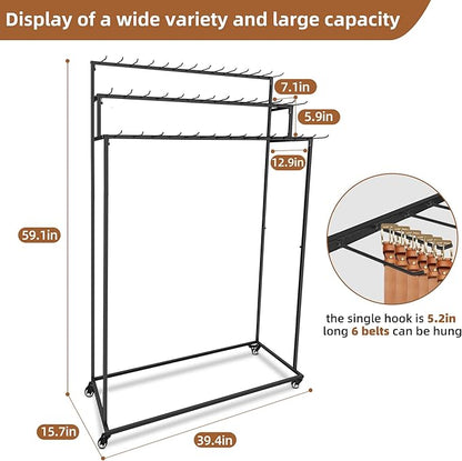Belt Rack, 3-Tier Belt Organizer with 42 Hooks & Wheels, Tie Rack & Bag Rack for Retail Display, Multi-Layer Belt Hanger & Tie Hanger for Store (Black)