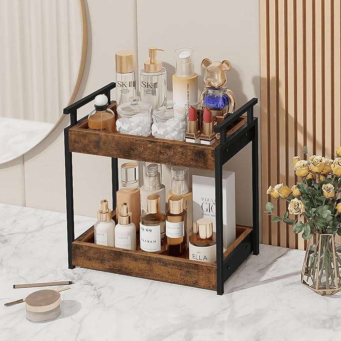 Bathroom Countertop Organizer, 2 Tier Counter Organizers and Storage for Bathroom Sink Dresser, Wooden Standing Vanity Shelf Tray for Makeup Perfume Skincare, Rustic Brown