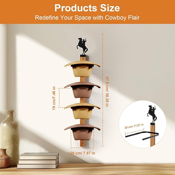 Cowboy Hat Rack, 4 Pieces Hat Rack for Cowboy with Wooden Board, Gift Cowboy Hat Holder Wall Storage-Organizer Western Hats with Style and Ease