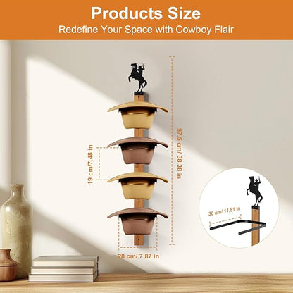Cowboy Hat Rack, 4 Pieces Hat Rack for Cowboy with Wooden Board, Gift Cowboy Hat Holder Wall Storage-Organizer Western Hats with Style and Ease