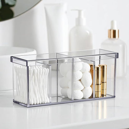 Amazing Abby - Qutie - Acrylic 4-Compartment Makeup Organizer with Lid, Clear Plastic Bathroom Vanity Organizer, Great for Cotton Balls, Cotton Swabs, Makeup Sponges, Lipsticks, and More