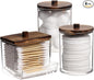 Tbestmax Qtips Holder Bathroom Container, 10 OZ Cotton Ball/Swabs Dispenser, Apothecary Jar Organizer for Storage Brown Wood Lids