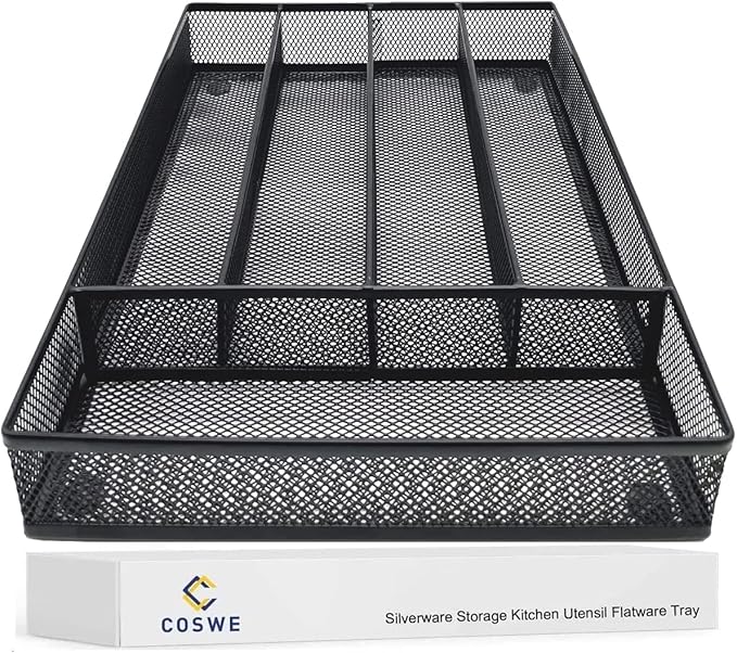 COSWE Silverware Tray for Drawer, Silverware Organizer, Metal Drawer Organizer Kitchen Utensils with Foam Feet Multi Compartments Cutlery Organizer in Drawer (BLACK)