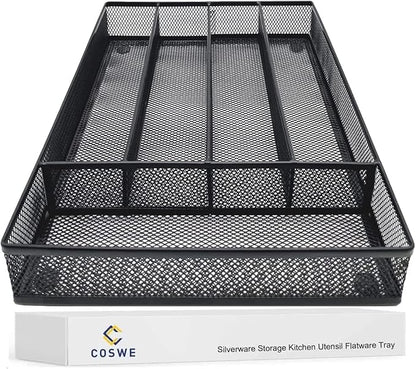 COSWE Silverware Tray for Drawer, Silverware Organizer, Metal Drawer Organizer Kitchen Utensils with Foam Feet Multi Compartments Cutlery Organizer in Drawer (BLACK)