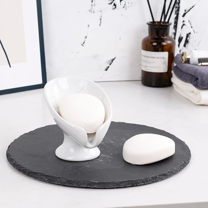 Small Soap Dish, Self Draining Bar Soap Holder for Bathroom Sink, Leaf Shaped Drainage Ceramic with Marble-Pattern Finish, Decorative Soap Dish, No Suction Cup, ANTIS'S HOME