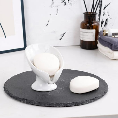 Small Soap Dish, Self Draining Bar Soap Holder for Bathroom Sink, Leaf Shaped Drainage Ceramic with Marble-Pattern Finish, Decorative Soap Dish, No Suction Cup, ANTIS'S HOME