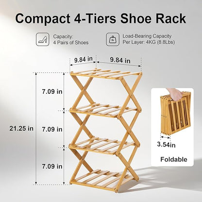 4-Tier Bamboo Small Shoe Rack Compact Foldable Free Standing Shoes Organizer for Front Door Entrance Garage Corridor Entryway and Living Room, Narrow Space-Saving Shoe Shelf, Natural