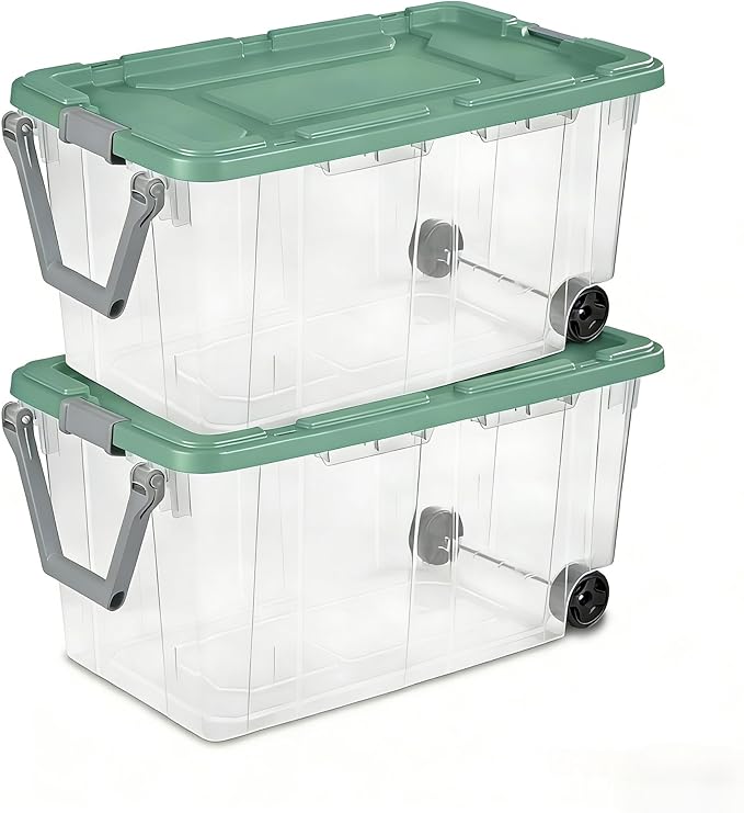160 Quart Durable Clear Storage Container with Latch Lid and Pull Handle, Light Green, 2 Pack