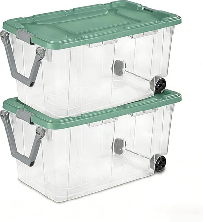 160 Quart Durable Clear Storage Container with Latch Lid and Pull Handle, Light Green, 2 Pack