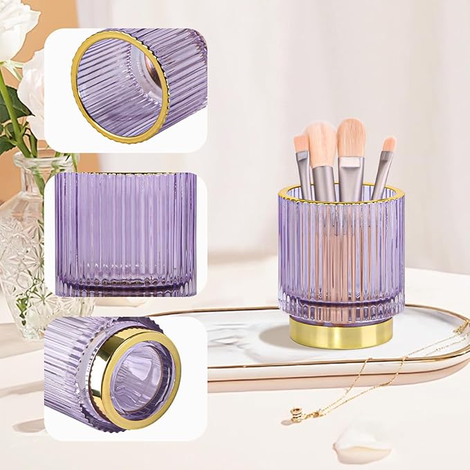 Vintage Makeup Brush Holder Organizer,Dresser Glass Brushes Holder,Vanity Cosmetic Brush Holder,Desktop Crystal Eyeliners Eyebrow Pencil Storage Cup Holder for Countertop (Small Purple)