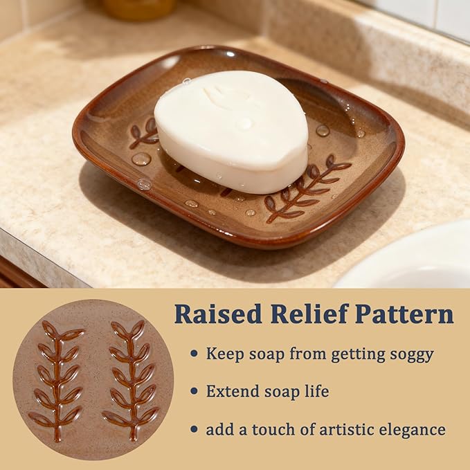 HighHerz Aesthetic Ceramic Soap Dish for Shower, Soap Holder with Raised Relief, Shower Soap Dish for Shampoo Bar Or Sponge, Soap Saver for Bathroom, Kitchen, Sink, Decorative Soap Tray (Brown)