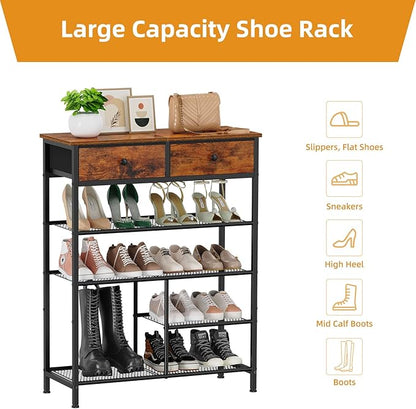 Snughome Shoe Rack, 5 Tier Shoe Storage Organizer with 2 Drawers, Shoe Storage Shelves with Sturdy Wooden Top and Metal Shelves, Free Standing Shoe Rack for Entryway Closet