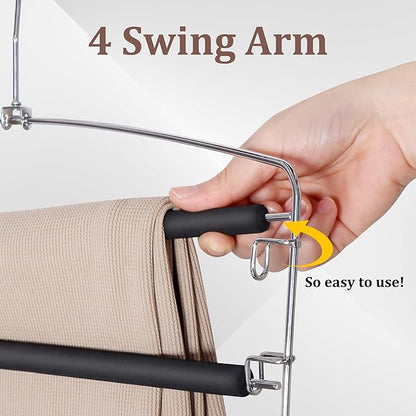SINDAX Pants Hangers Space Saving - 4Pack, 5 Layers Space Saving Hangers, Sturdy Stainless Steel Pant Rack with Anti-Slip Swing Arm, Closet Organizers and Storage for Trousers Jeans