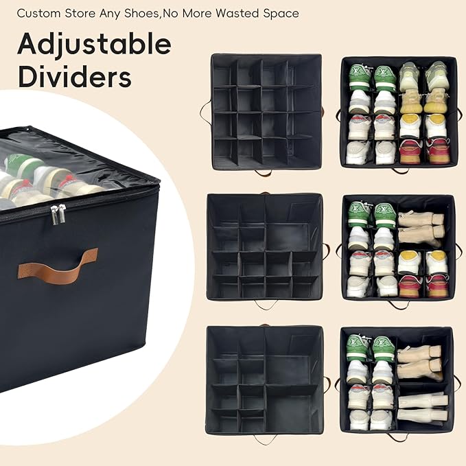 Shoe Organizer for Closet, 2 Pack Shoe Storage Bins with Clear Cover, Foldable and Adjustable Dividers, Fits 16-32 Pairs, Black