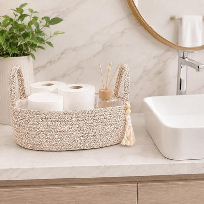 ABenkle Small Storage Basket, Jute Rope Woven Toilet Paper Tray Organizer for Toilet Tank Top, Boho Bathroom Decor Holder for Shelf Bedroom Living Room -13x6x4 Inches