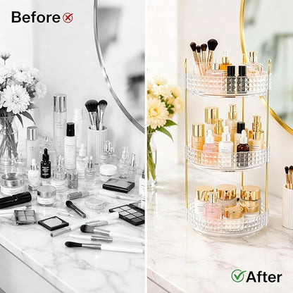 Fangoo 3 Tiers Clear Rotating Makeup Organizer for Vanity, 360 Spinning Skincare Organizers for Dresser Perfume Organizer Large Skincare Make up Storage Cosmetic Organizer for Bathroom Countertop