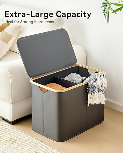 Storage Basket with Lid and Handles, 100L Fabric Bin with Divider for Shelf, Closet, Toy Organization, Collapsible Storage Organizer for Home, Grey