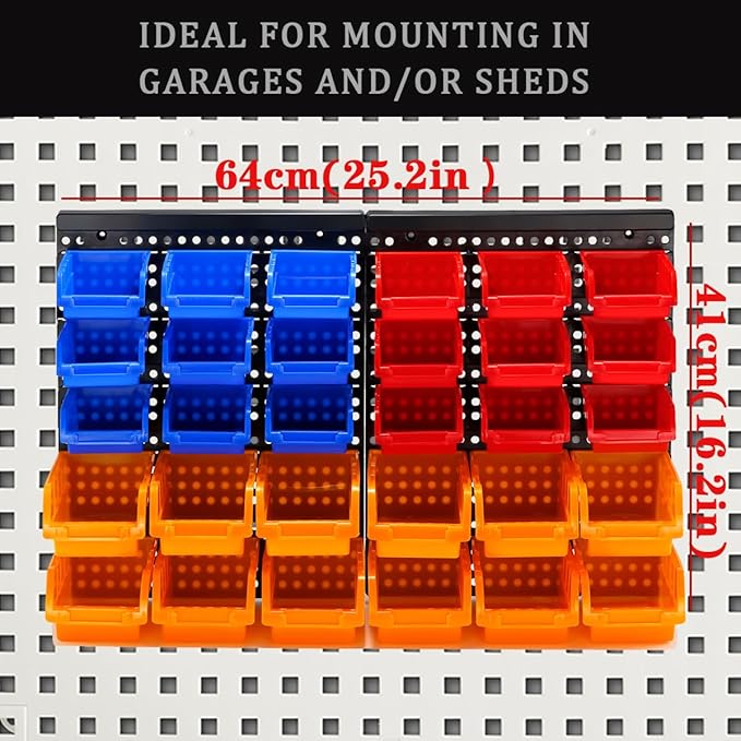 30-Bin Wall Mounted Storage Bins Kit, Tool Organizer Rack, Garage Hardware Organizer, Parts Storage Bins, DIY Combination 4 Set (Red & Blue & Orange Type)