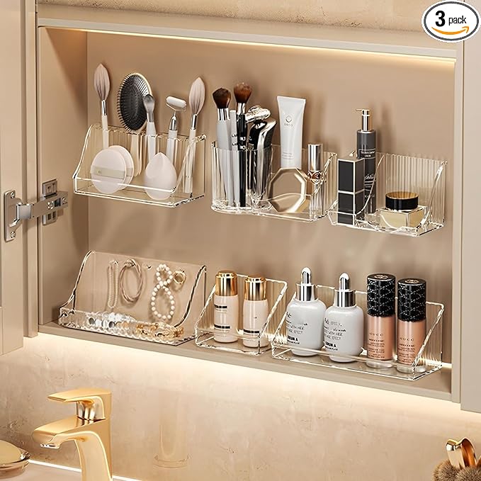 3 Pcs Medicine Cabinet Tray Organizer, Small Adhesive Bathroom Vanity Floating Shelves Storage for Toilet, Mirror, Wall, Countertop, Clear