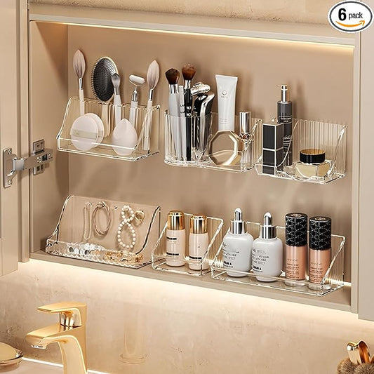 6 Pcs Medicine Cabinet Tray Organizer, Bathroom Vanity Toilet Cabinet Inside Shelves Storage Holder for Skincare Perfume Lipsticks Jewelry Brushes, Plastic Clear