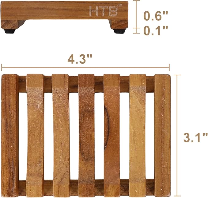 Slotted Bar Soap Holder Teak Wood by HTB, Kitchen Wooden Sponge Holder, Self Draining Soap Dish for Shower, Sink, Bathroom, Bathtub, RV