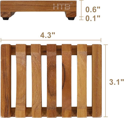 Slotted Bar Soap Holder Teak Wood by HTB, Kitchen Wooden Sponge Holder, Self Draining Soap Dish for Shower, Sink, Bathroom, Bathtub, RV