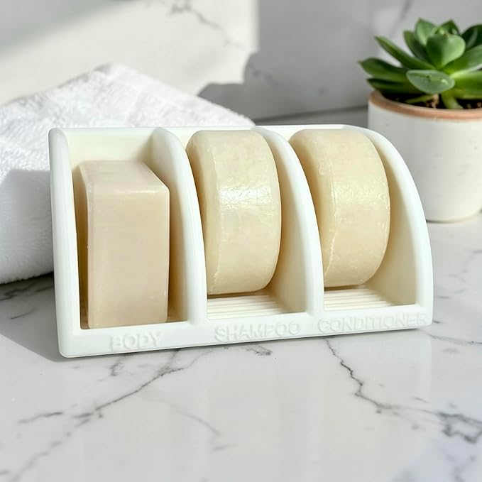 Shampoo Bar Holder for Shower, 3-Slot Soap & Conditioner Organizer with Drainage - Keeps Bars Dry & Lasts Longer - Modern Bathroom Organizer by Essence & Abode (Jade White)