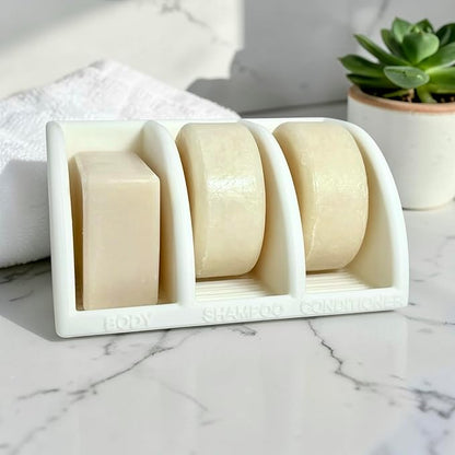 Shampoo Bar Holder for Shower, 3-Slot Soap & Conditioner Organizer with Drainage - Keeps Bars Dry & Lasts Longer - Modern Bathroom Organizer by Essence & Abode (Jade White)