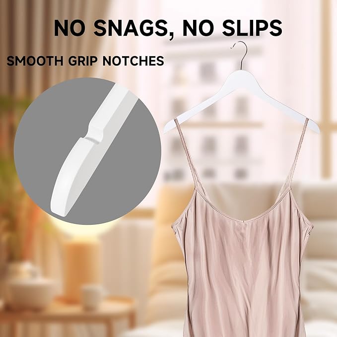 Premium Wooden Top Hangers, Heavy Duty Solid Wood Suit Hangers with 360° Swivel Hook & Anti-Slip Notches, Durable Clothes Hangers for Jackets, Coats, Shirts & Dresses(White/72-Pack)