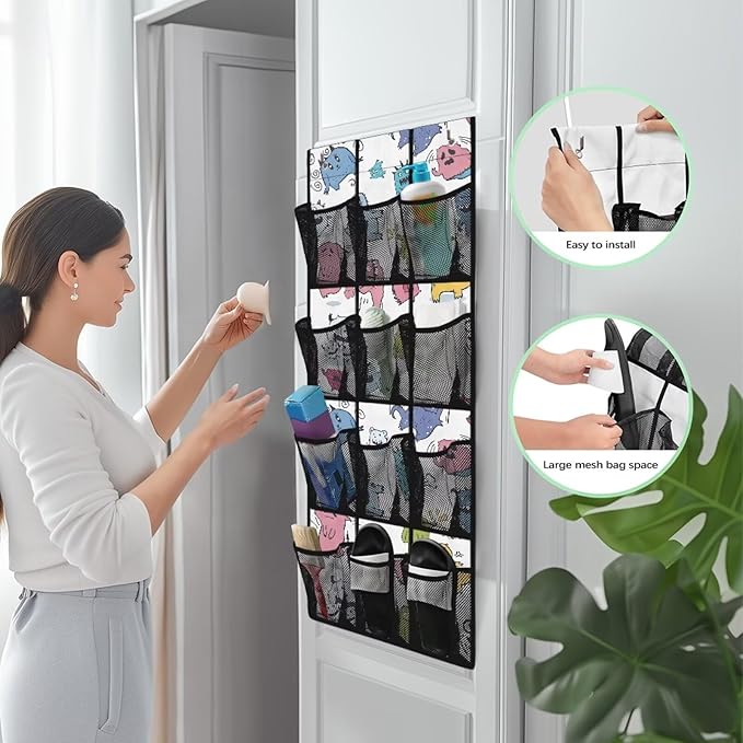 Cartoon Monster Over the Door Shoe Organizer 12 Large Mesh Pockets Sturdy Oxford Door Shoe Organizer Hanging Shoe Rack for Closet Shoe Holder