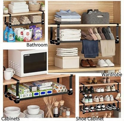 Expandable Hanging Shoe Rack for Closet, 2 Pack Retractable Metal Under Shelf Rack, Adjustable Under Cabinet Storage Shelf & Partition Organizer for Wardrobe, Kitchen, Black