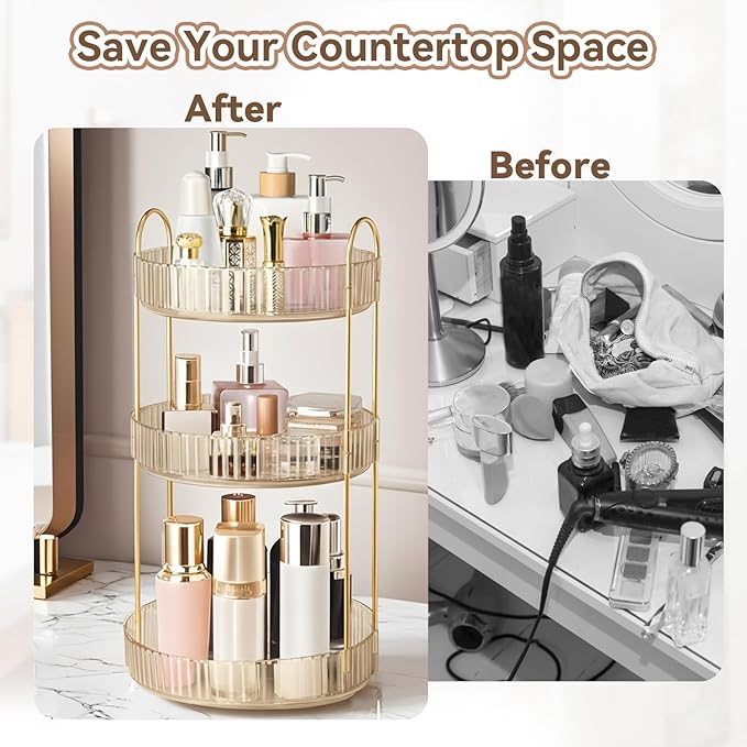 360° Rotating Makeup Organizer for Vanity, 3 Tier Perfume Organizers Skincare Organizers and Storage for Bathroom Countertop, Spinning Cosmetic Organizer for Bedroom Dresser Counter (Gold)
