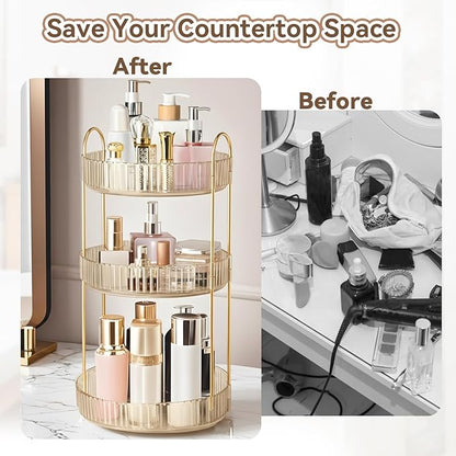360° Rotating Makeup Organizer for Vanity, 3 Tier Perfume Organizers Skincare Organizers and Storage for Bathroom Countertop, Spinning Cosmetic Organizer for Bedroom Dresser Counter (Gold)
