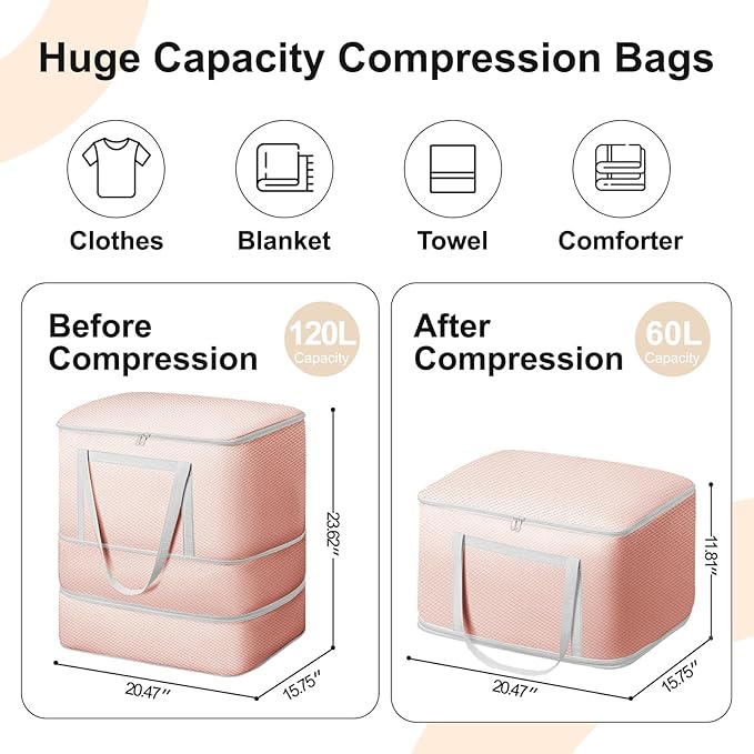 Comforter Storage Bag - 120L Bedding Storage Bags for Moving Closet, Washable Blanket Storage Bag, Ultra Space Saving Self Compression Organizer, 2-Pack, Pink