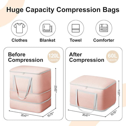 Comforter Storage Bag - 120L Bedding Storage Bags for Moving Closet, Washable Blanket Storage Bag, Ultra Space Saving Self Compression Organizer, 2-Pack, Pink
