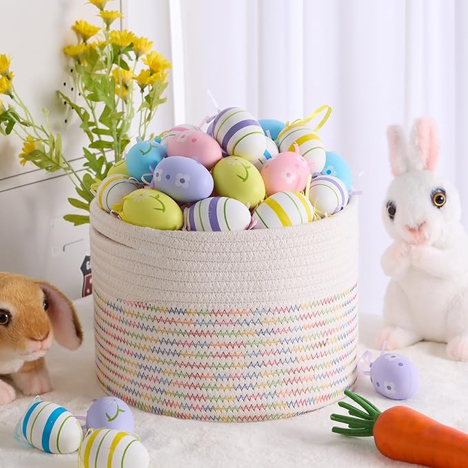 MiniArk Small Basket for Organizing | Cube Shelf Closet Storage Baskets | 9.7×9.7×7.1” | Woven Rope Gift Basket | Nursery | Round 3 Packs Rainbow