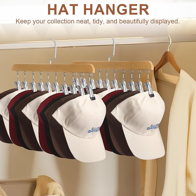 Hat Hangers for Closet, Hat Organizer for Baseball Caps, 2 Pack Hat Rack with 10 Traceless Clips Fits All Caps & Pants, 360° Swivel Big Hook Closet Organizer and Storage (Natural Wood Color)