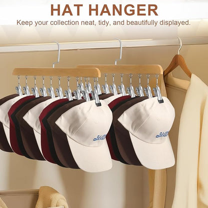 Hat Hangers for Closet, Hat Organizer for Baseball Caps, 2 Pack Hat Rack with 10 Traceless Clips Fits All Caps & Pants, 360° Swivel Big Hook Closet Organizer and Storage (Natural Wood Color)