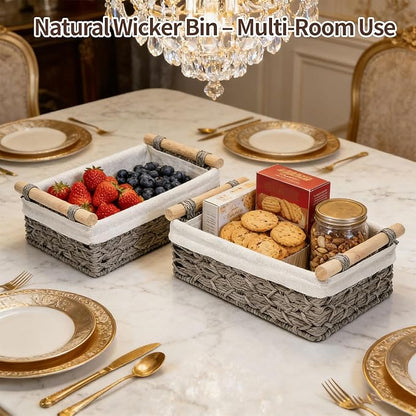 Storage Basket Wicker Baskets for Organizing, Storage Bins for Countertop & Toilet Paper, Toilet Tank Top Organizer (Set of 2, Grey)