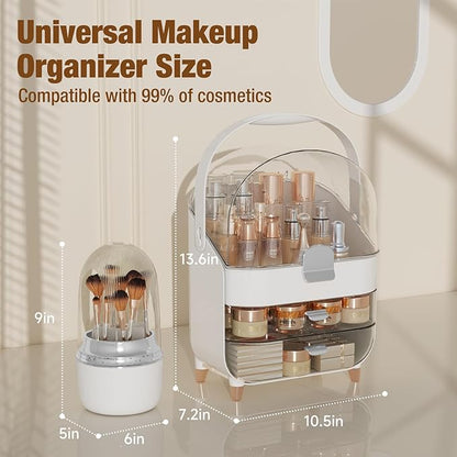 Makeup Organizer Countertop & 360° Rotating Makeup Brush Holder, Skincare Holder with Lid and Drawers, Storage Box Cosmetic Display Cases, Teen Girl Gifts, Vanity, Bathroom Counter, Silver