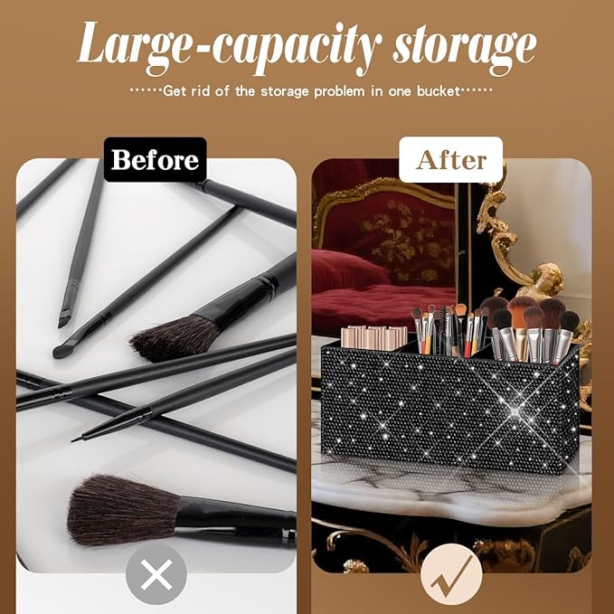 Bling Makeup Brush Holder Organizer, 3 Slot Sparkle Cosmetics Brushes Storage Holders with Shiny Rhinestones, Glitter Cute Pen and Pencil Holder for Desk, Eyeliners Display Case for Vanity（Black）