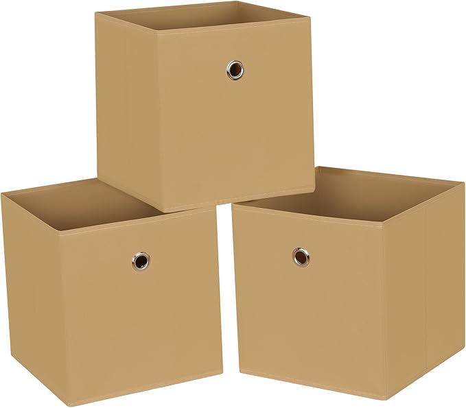 Foldable Storage Cubes Bins ,11 Inch Cloth Storage Cube Fabric Storage Box Cubes Organizer Baskets with Dual Handles for Home Organizer Set of 3 (Khaki)