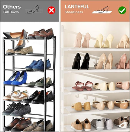 LANTEFUL Tall Shoe Rack 10 Tier Shoe Organizer Large Shoe Shelf with 18 Hooks Storage for 50 Pair Sneaker and Boot, Stackable Vertical Shoe Rack Organizer for Closet, Entryway, Bedroom, White