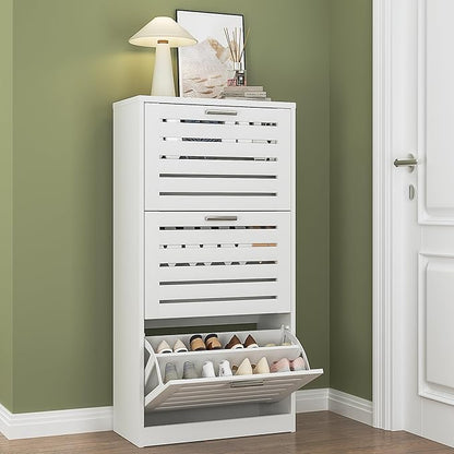 VECELO Shoe Cabinet Storage for Entryway with 3 Flip Drawers Slim Hidden Free Standing Organizer for Narrow Hallway, Bedroom, Living Room, Large Capacity, Modern, White, 3-Shelf
